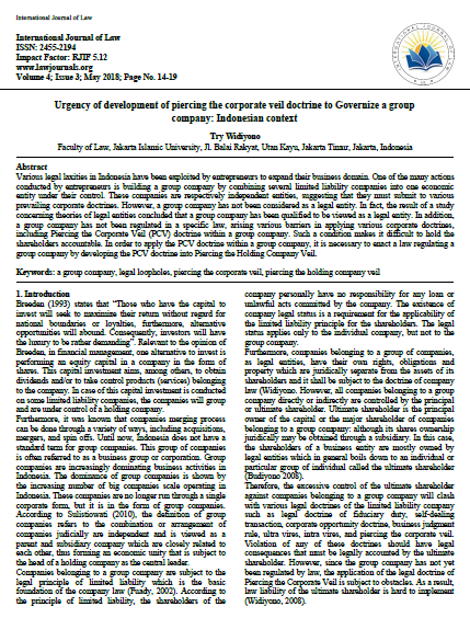 Urgency of development of piercing the corporate veil doctrine to Governize a group company: Indonesian context