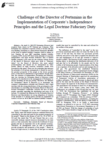 Challenge of the Director of Pertamina in the Implementation of Corporates Independence Principles and the Legal Doctrine Fiduciary Duty
