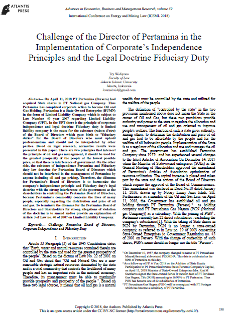Challenge of the Director of Pertamina in the Implementation of Corporates Independence Principles and the Legal Doctrine Fiduciary Duty