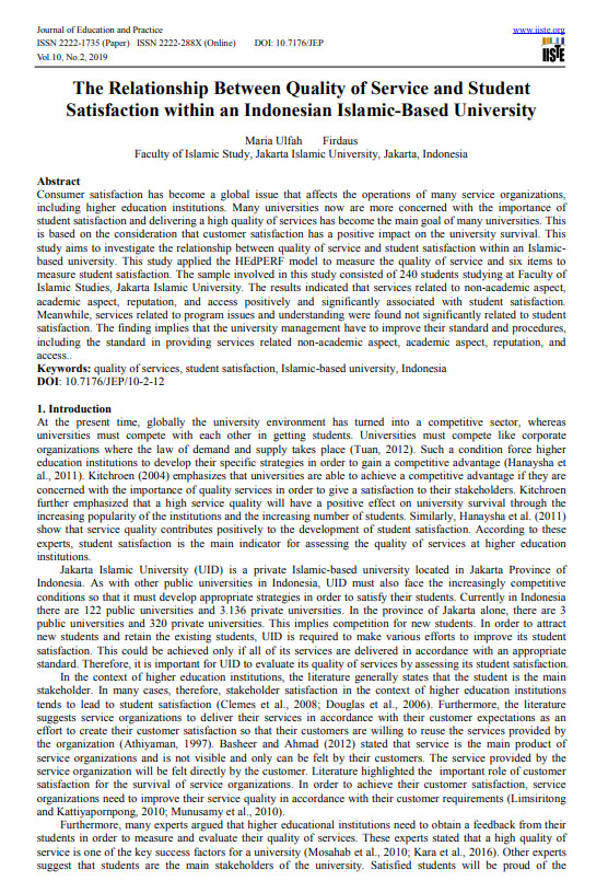 The Relationship Between Quality of Service and Student Satisfaction within an Indonesian Islamic-Based University