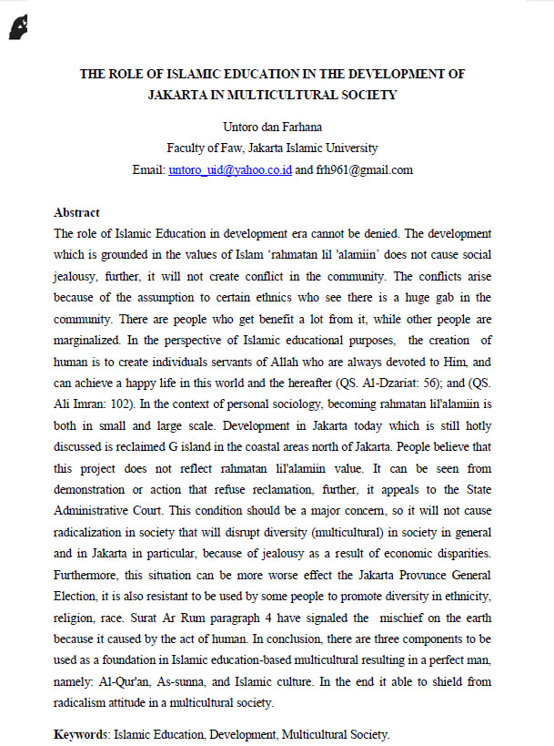 THE ROLE OF ISLAMIC EDUCATION IN THE DEVELOPMENT OF JAKARTA IN MULTICULTURAL SOCIETY