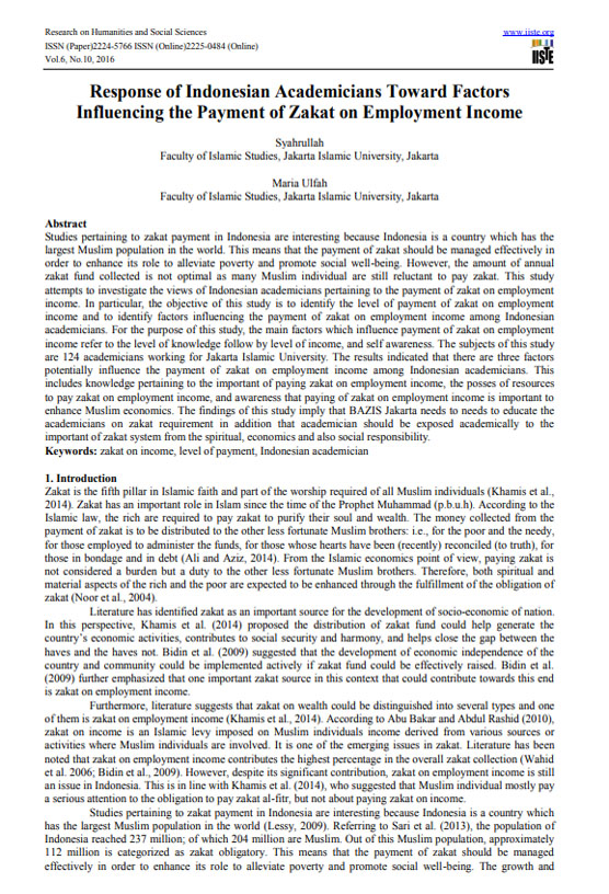 Response of Indonesian Academicians Toward Factors Influencing the Payment of Zakat on Employment Income