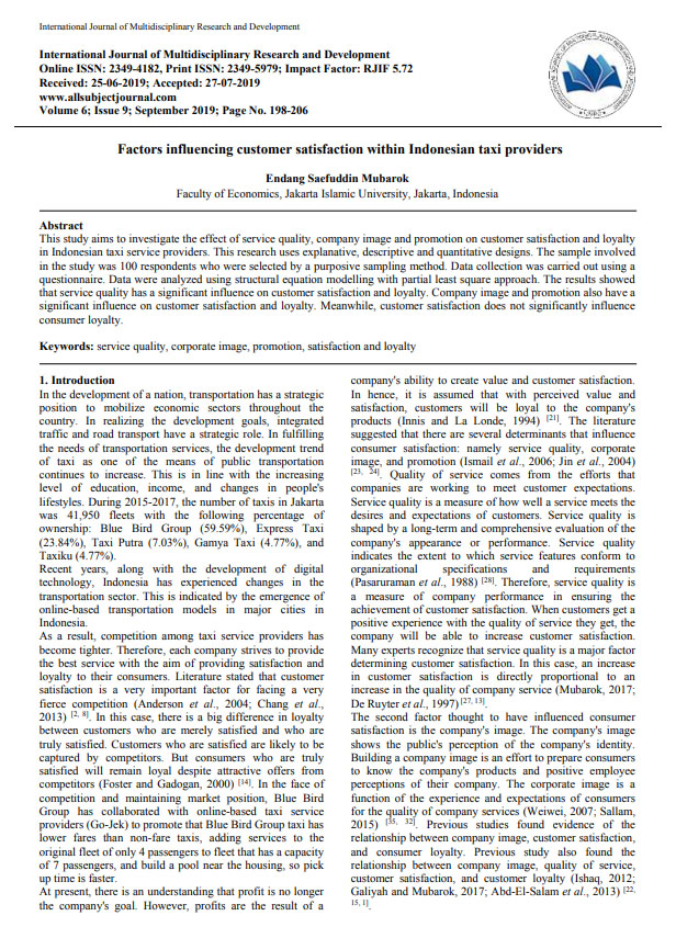 Factors influencing customer satisfaction within Indonesian taxi providers