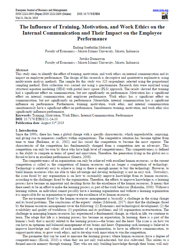 The Influence of Training, Motivation, and Work Ethics on the Internal Communication and Their Impact on the Employee Performance