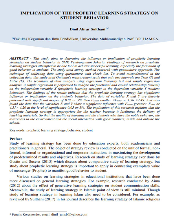 IMPLICATION OF THE PROFETIC LEARNING STRATEGY ON STUDENT BEHAVIOR