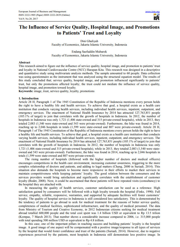 The Influence of Service Quality, Hospital Image, and Promotions to Patients Trust and Loyalty