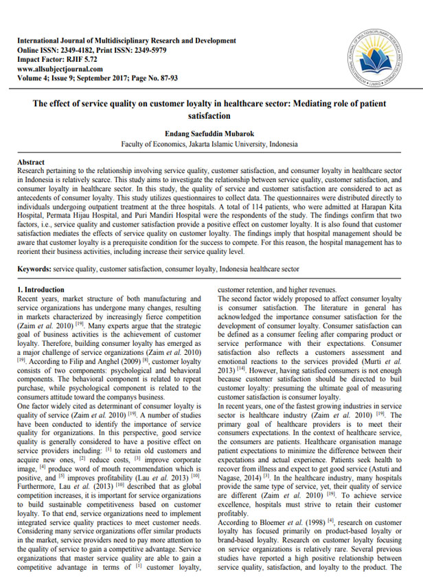 The effect of service quality on customer loyalty in healthcare sector: Mediating role of patient satisfaction