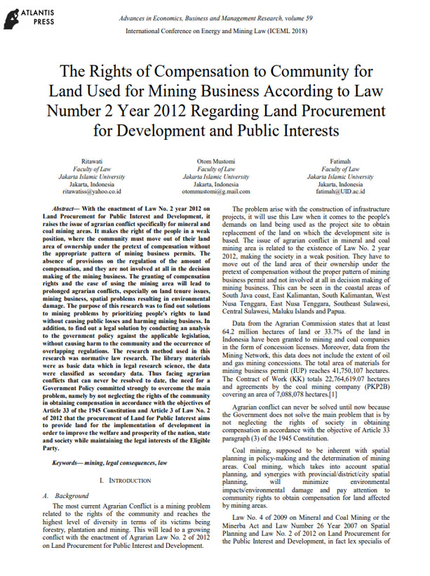 The Rights of Compensation to Community for Land Used for Mining Business According to Law Number 2 Year 2012 Regarding Land Procurement for Development and Public Interests