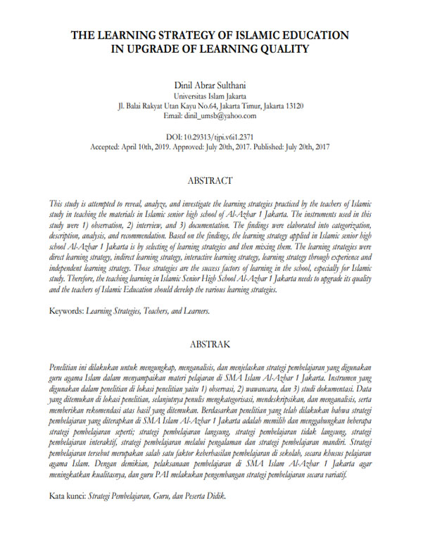 THE LEARNING STRATEGY OF ISLAMIC EDUCATION IN UPGRADE OF LEARNING QUALITY