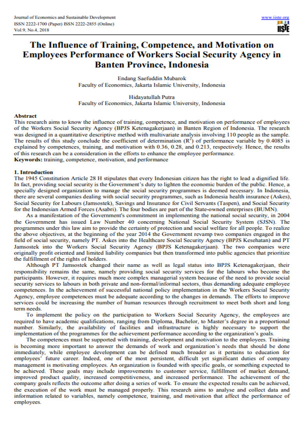 The Influence of Training, Competence, and Motivation on Employees Performance of Workers Social Security Agency in Banten Province, Indonesia