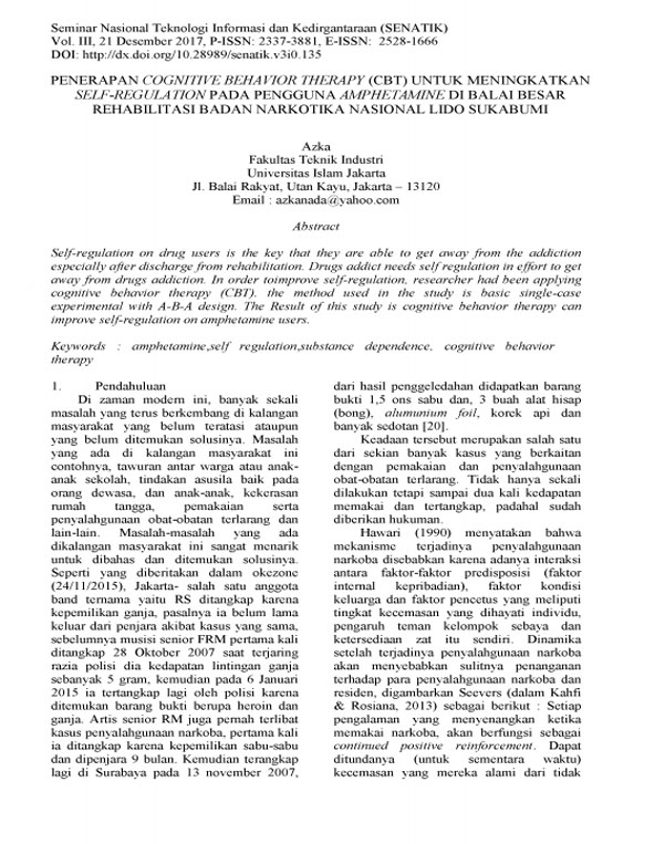 PENERAPAN COGNITIVE BEHAVIOR THERAPY (CBT) UNTUK MENINGKATKAN SELF-REGULATION PADA PENGGUNA AMPHETAMINE DI BALAI BESAR REHABILITASI BADAN NARKOTIKA NASIONAL LIDO SUKABUMI
