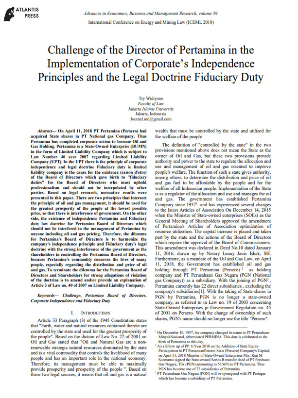 Challenge of the Director of Pertamina in the Implementation of Corporates Independence Principles and the Legal Doctrine Fiduciary Duty