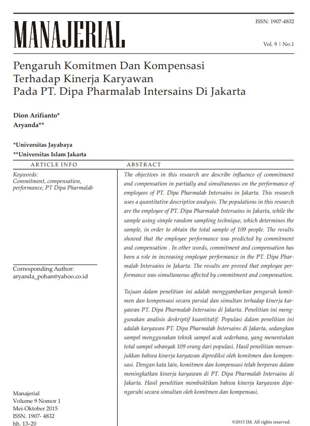 Pengaruh Komitmen Dan Kompensasi Terhadap Kinerja Karyawan Pada PT. Dipa Pharmalab Intersains Di Jakarta